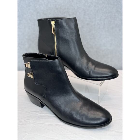 Sam Edelman Women's Peter Black Leather zip up Ankle Boots Gold Buckle Size 8m - Picture 2 of 8
